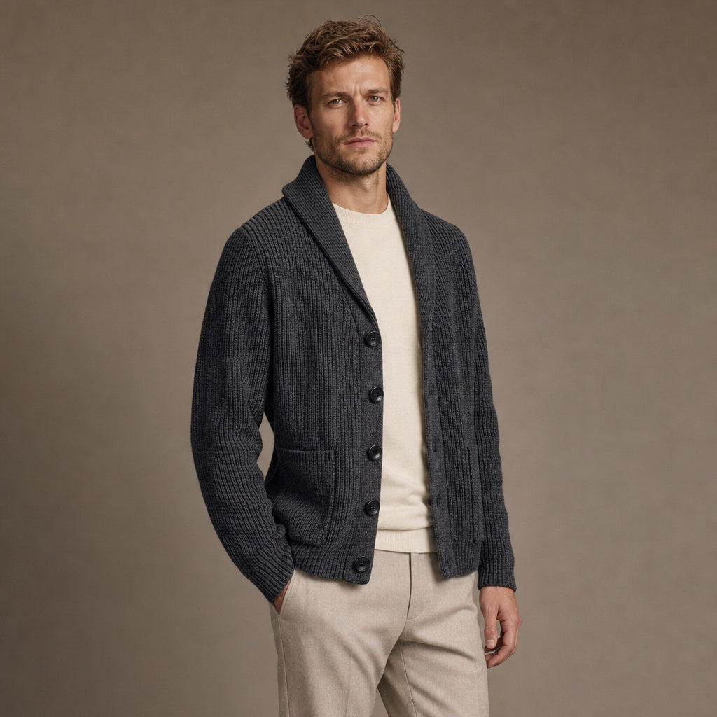 Cable Knit Cardigan Shawl Collar Dark Gray – Side Angle View