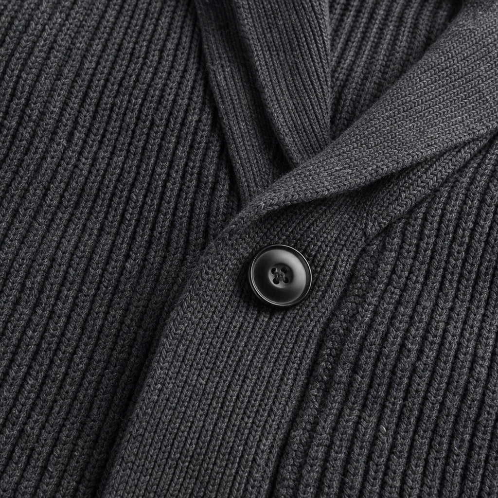 Cable Knit Cardigan Shawl Collar Dark Gray – Fabric and Detail Close-Up