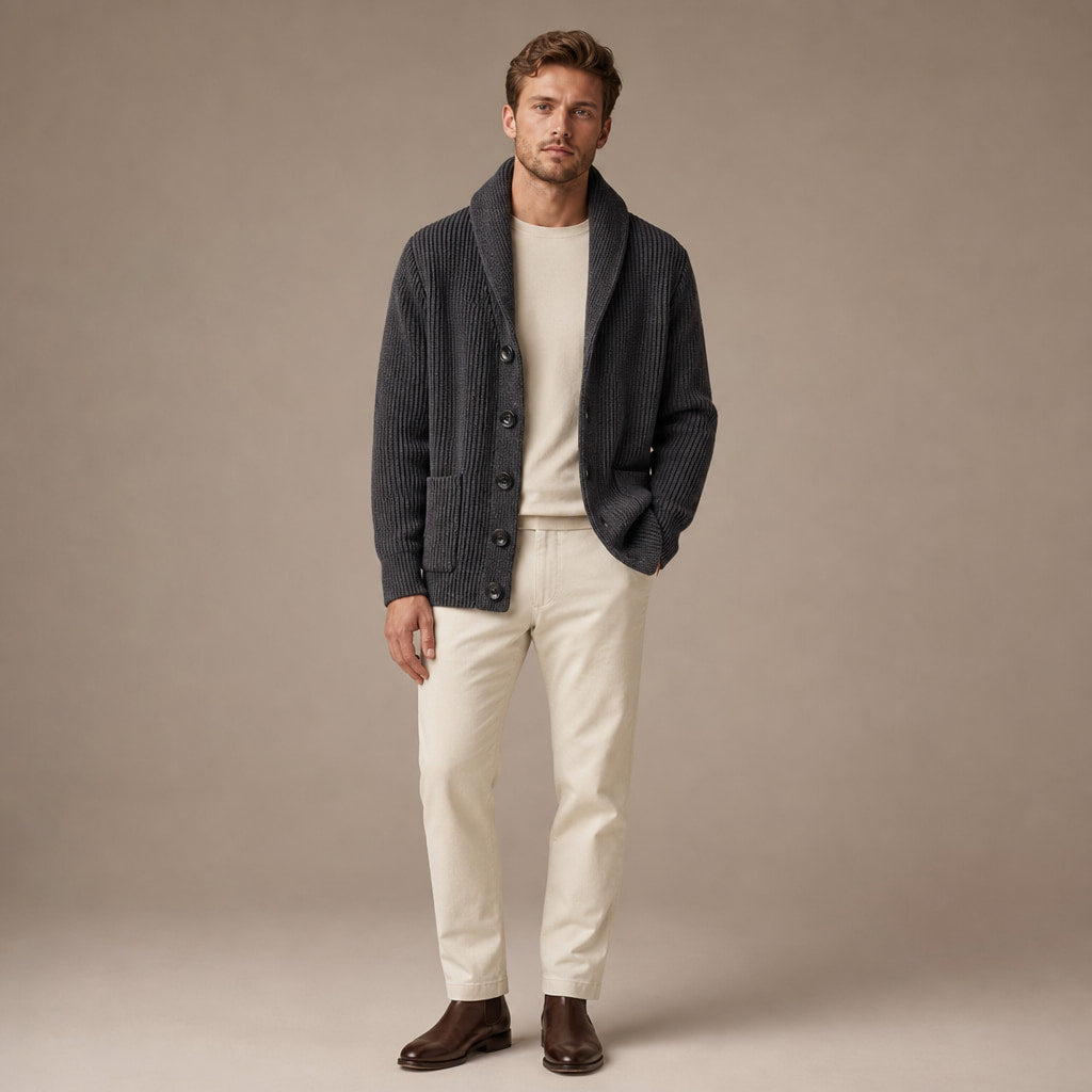Cable Knit Cardigan Shawl Collar Dark Gray – Full Look