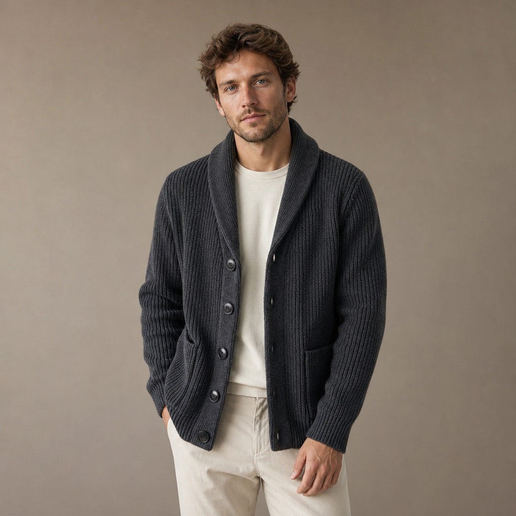 Cable Knit Cardigan Shawl Collar Dark Gray – Product Photo