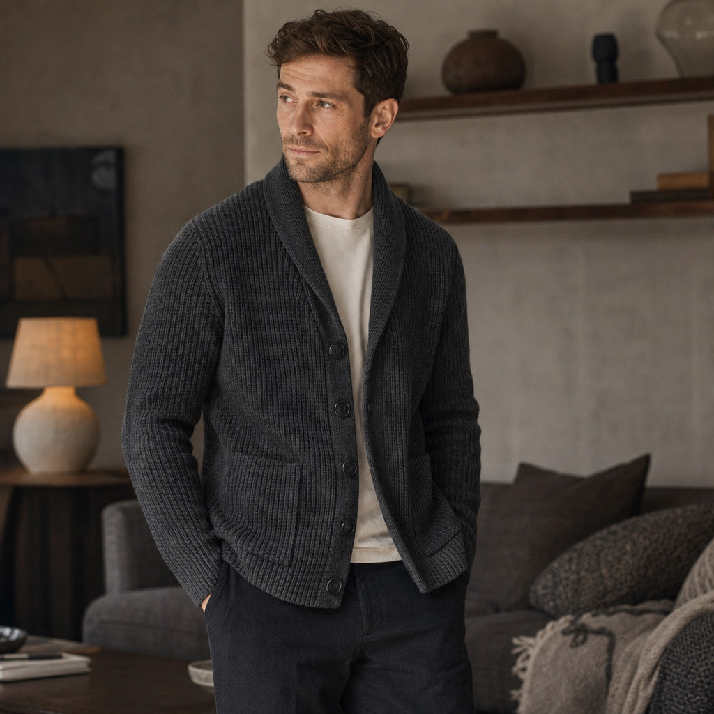 Cable Knit Cardigan Shawl Collar Dark Gray – Styled Editorial Shot