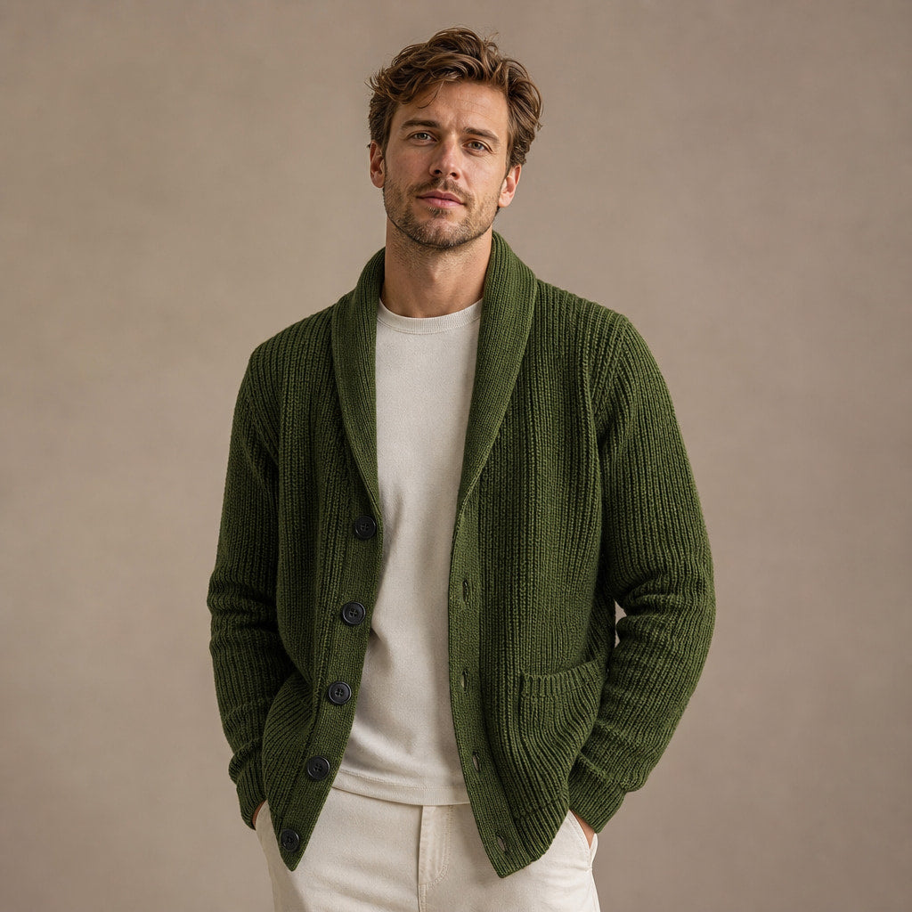 Cable Knit Cardigan Shawl Collar Green – Product Photo