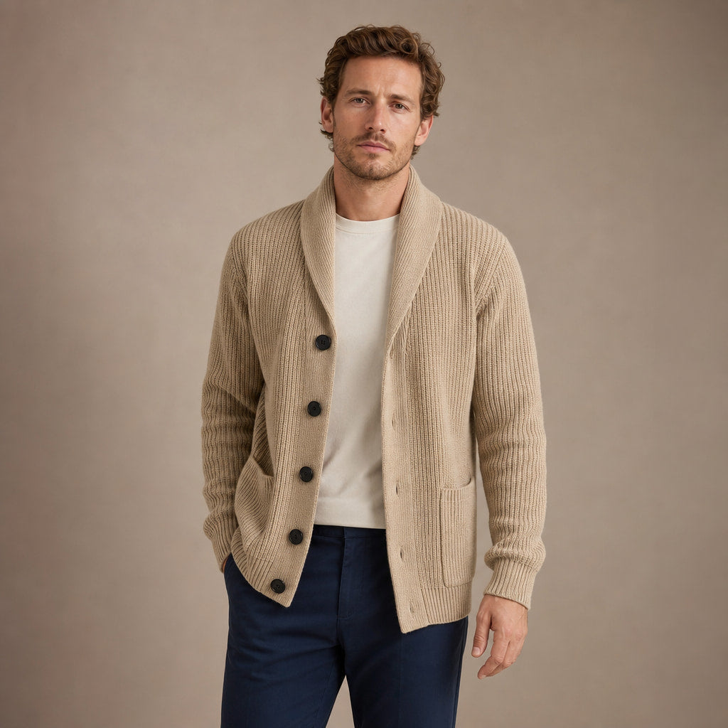 Cable Knit Cardigan Shawl Collar Khaki – Product Photo