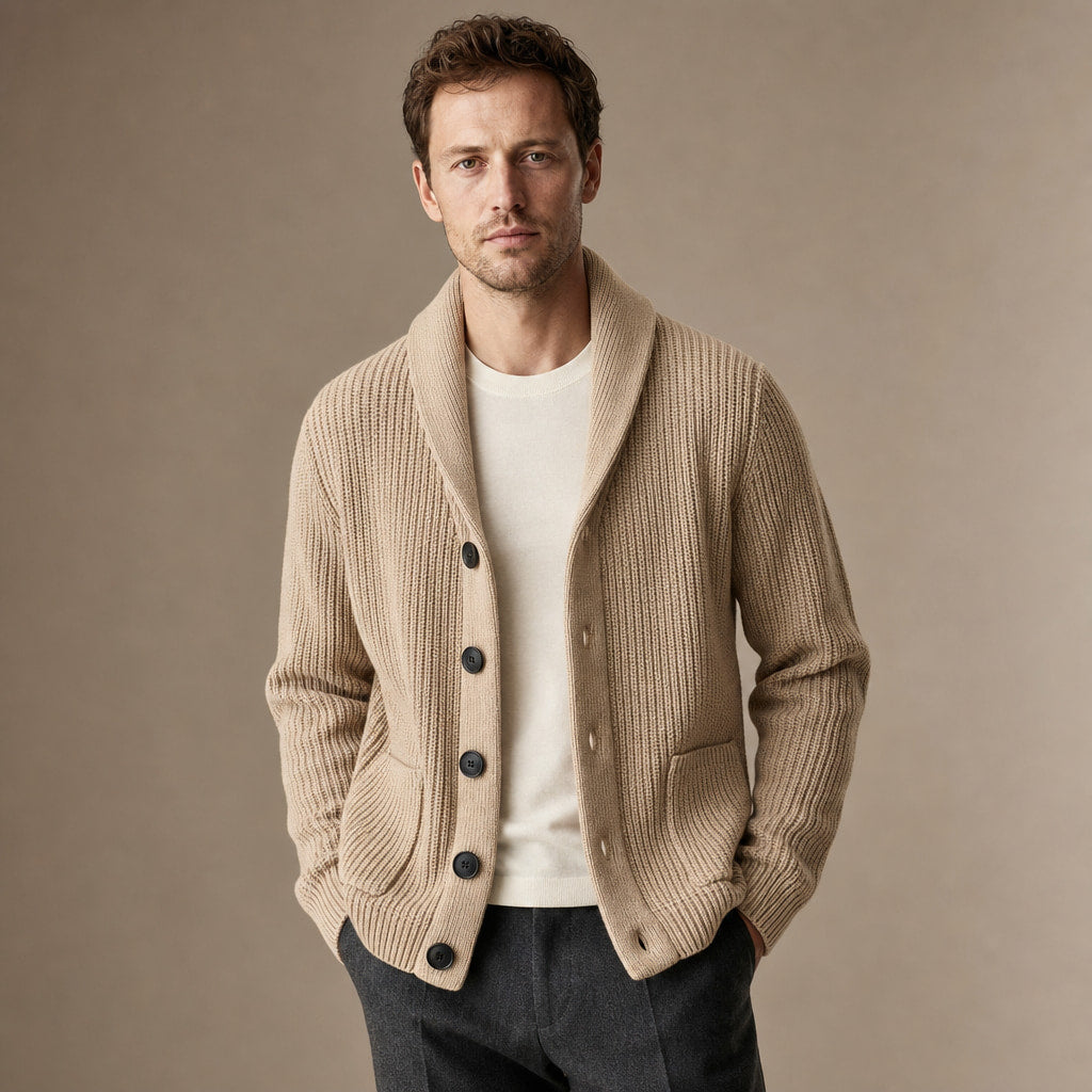 Cable Knit Cardigan Shawl Collar in Khaki – Tomosino Premium Menswear