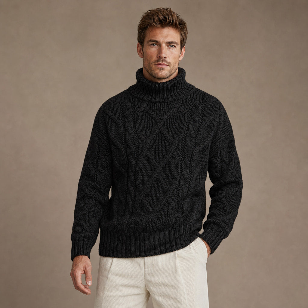 Cable Knit Turtleneck Sweater Ribbed Trim Black – Product Photo