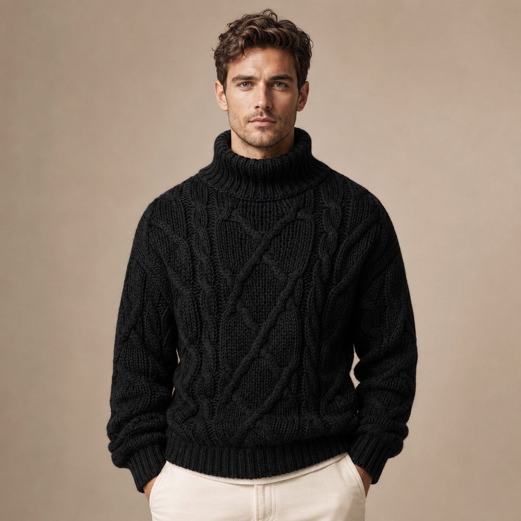 Cable Knit Turtleneck Sweater Ribbed Trim in Black – Tomosino Premium Menswear