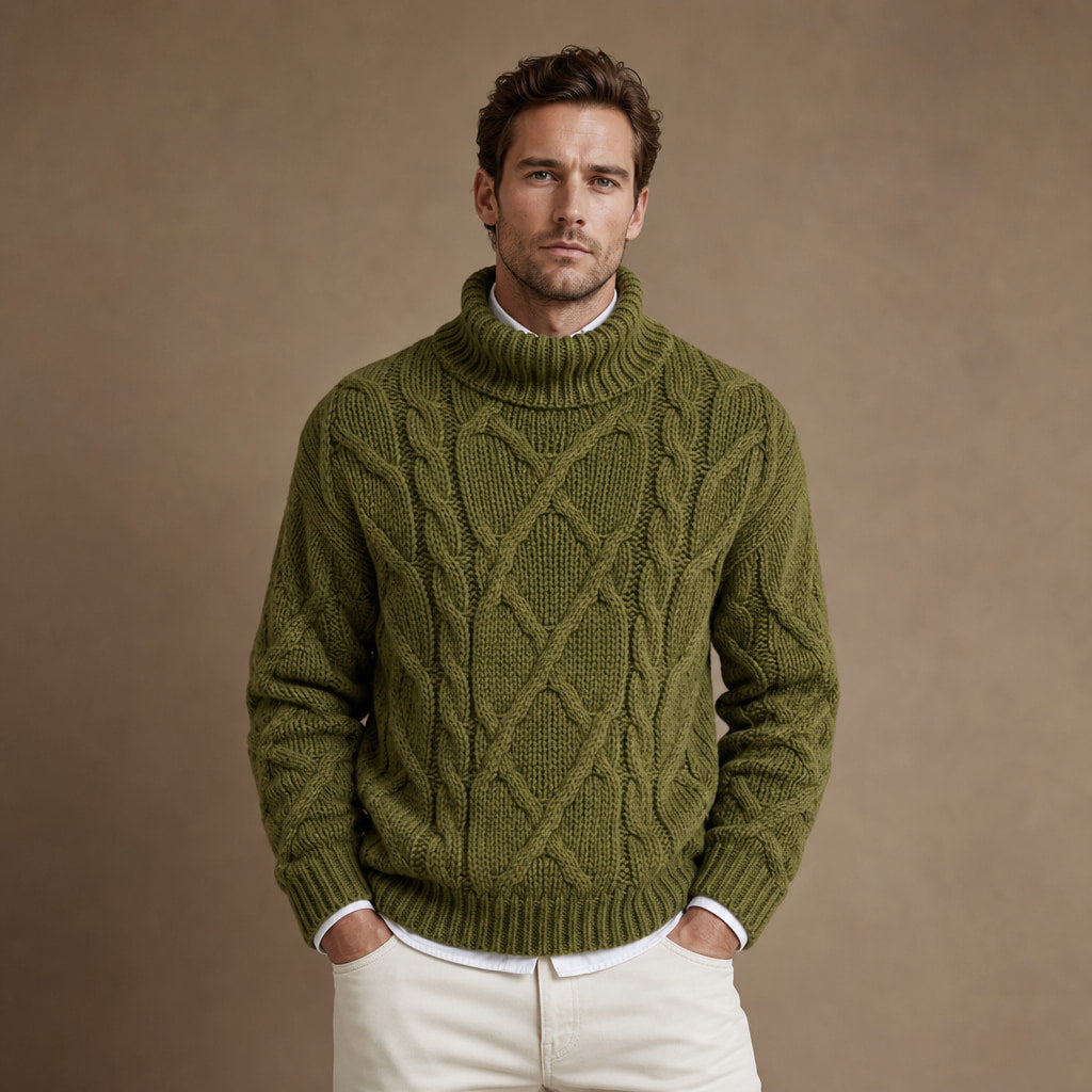 Cable Knit Turtleneck Sweater Ribbed Trim Green – Product Photo