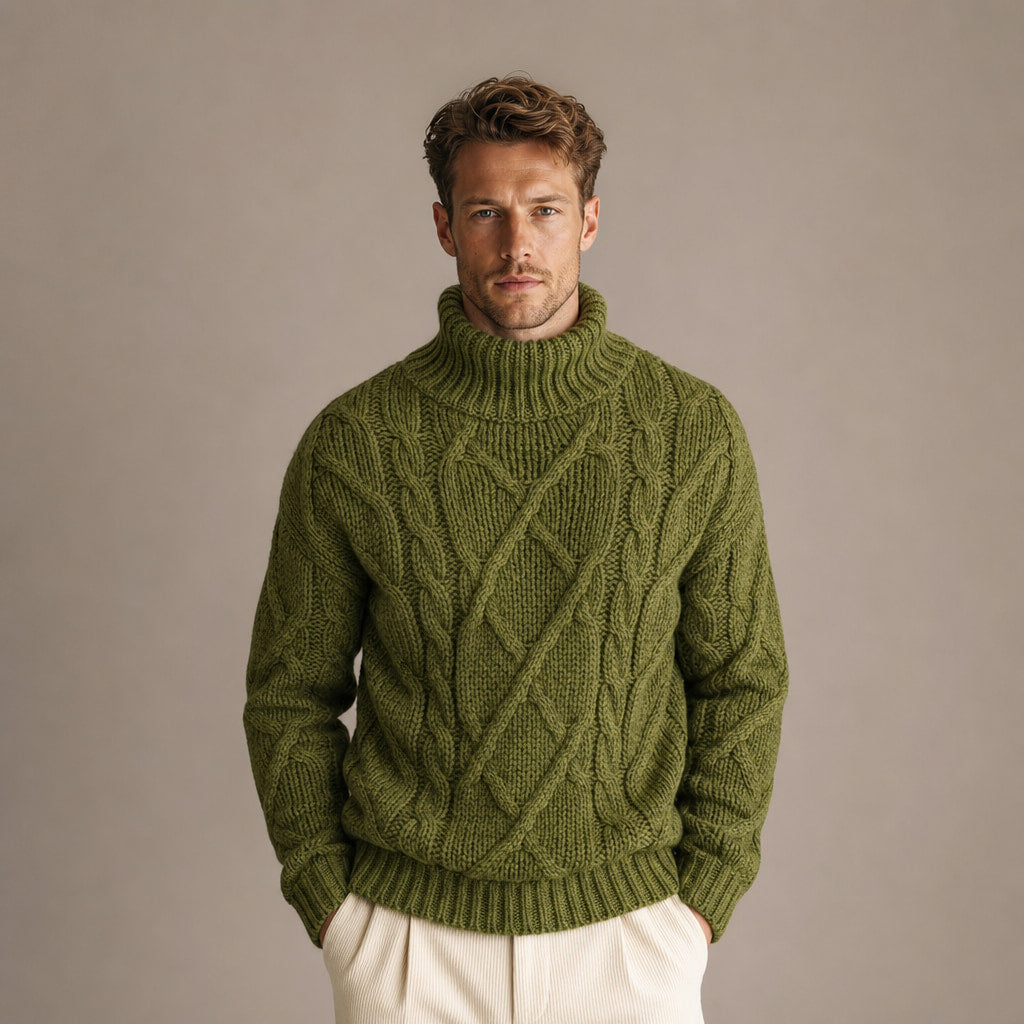 Cable Knit Turtleneck Sweater Ribbed Trim in Green – Tomosino Premium Menswear