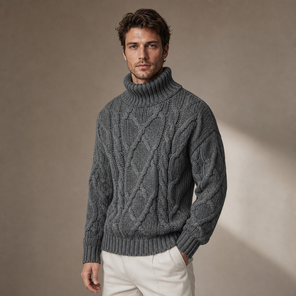 Cable Knit Turtleneck Sweater Ribbed Trim Grey – Side Angle View