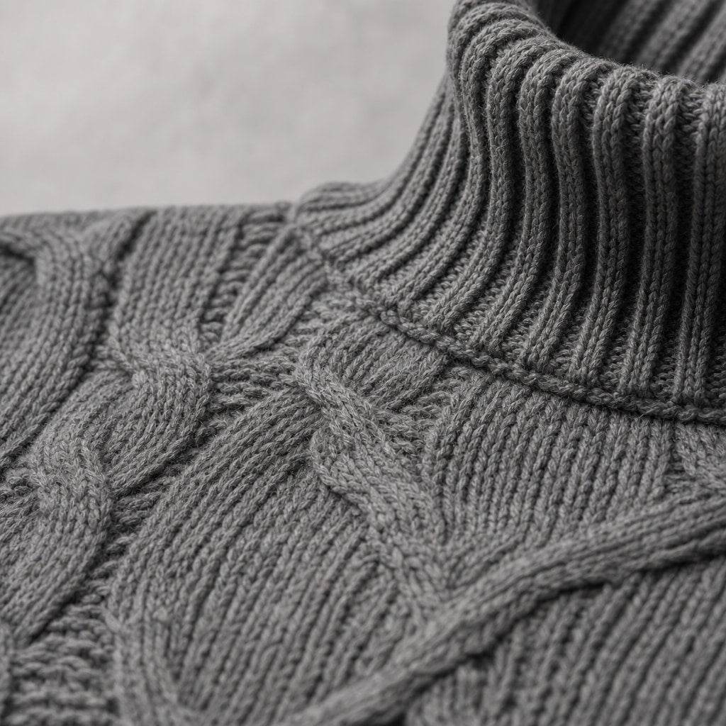 Cable Knit Turtleneck Sweater Ribbed Trim Grey – Fabric and Detail Close-Up