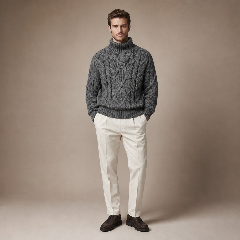 Cable Knit Turtleneck Sweater Ribbed Trim Grey – Full Look