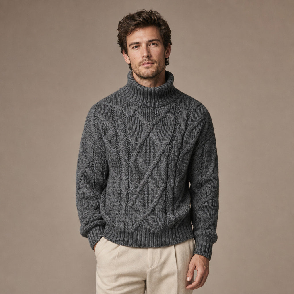 Cable Knit Turtleneck Sweater Ribbed Trim Grey – Product Photo