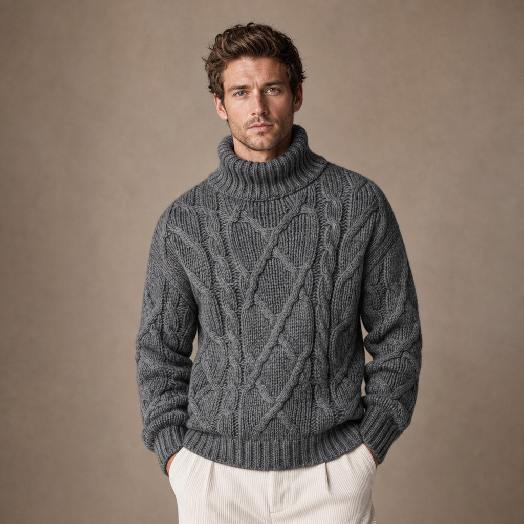 Cable Knit Turtleneck Sweater Ribbed Trim in Grey – Tomosino Premium Menswear