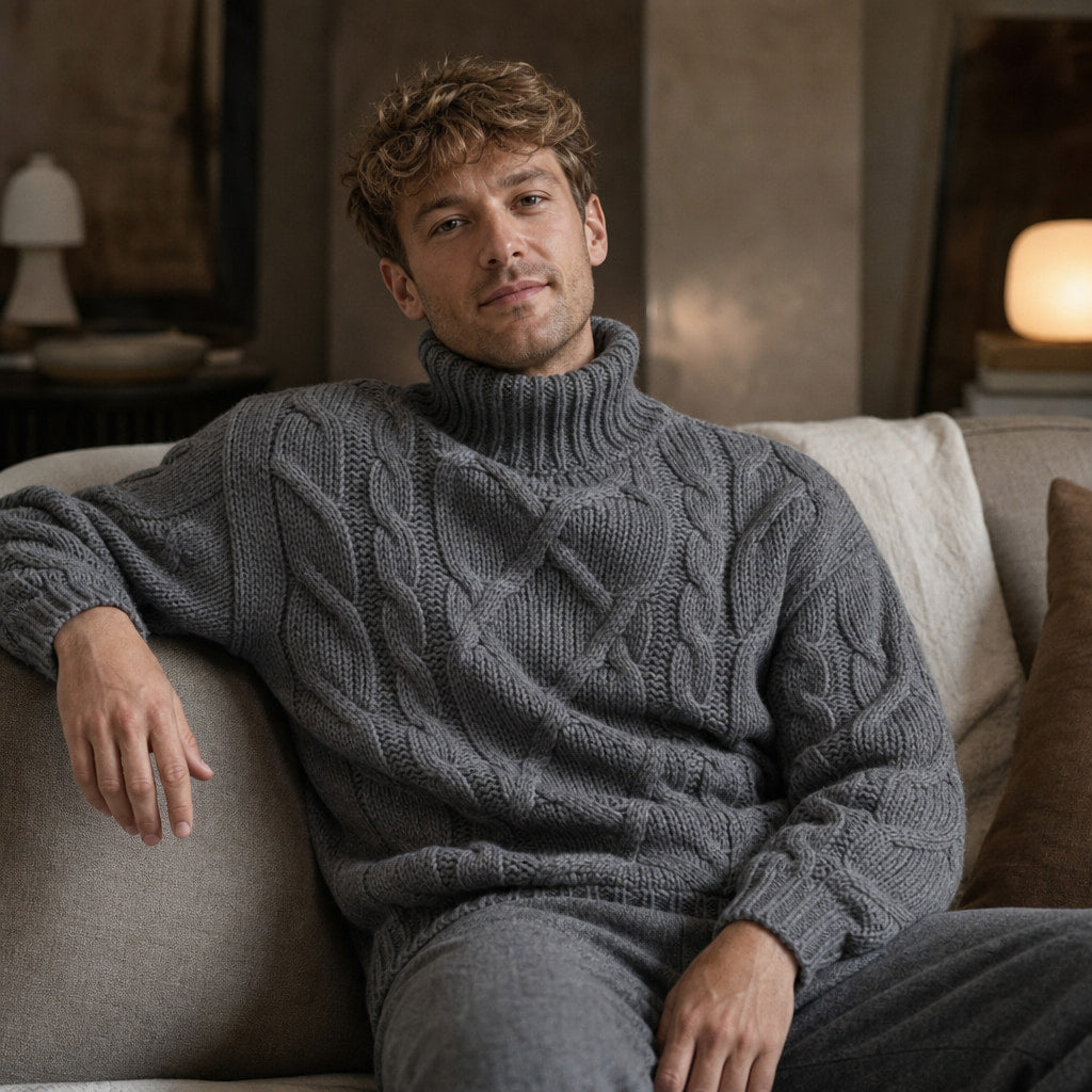 Cable Knit Turtleneck Sweater Ribbed Trim Grey – Styled Editorial Shot
