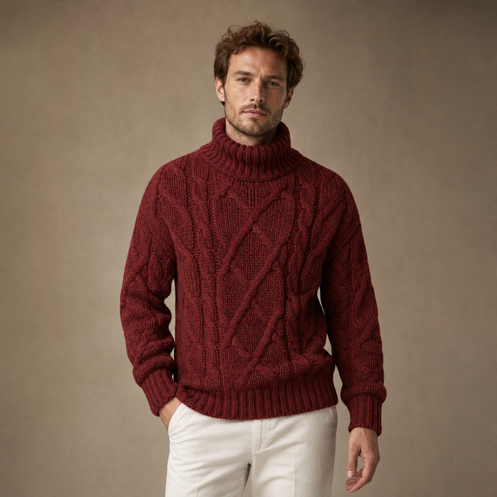 Cable Knit Turtleneck Sweater Ribbed Trim Pink – Product Photo