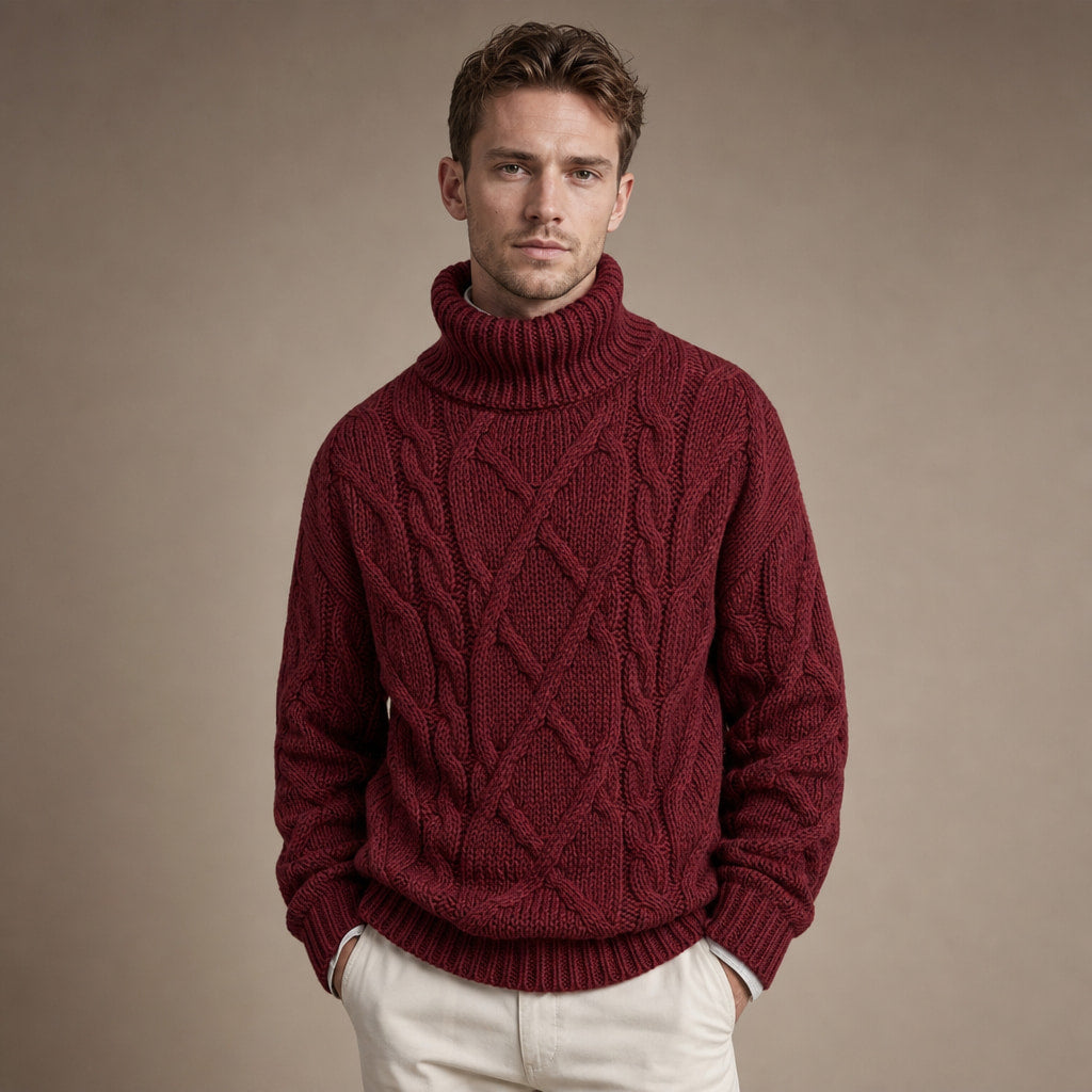 Cable Knit Turtleneck Sweater Ribbed Trim in Pink – Tomosino Premium Menswear