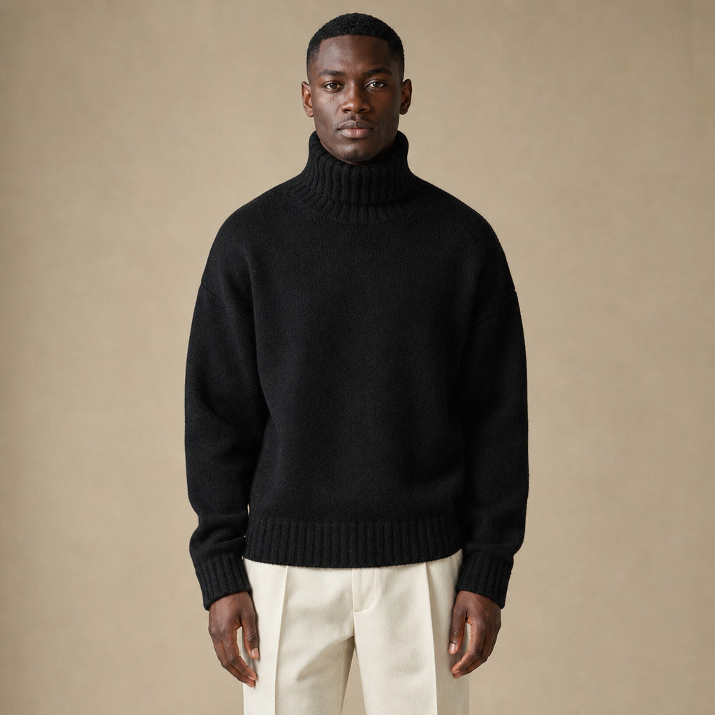 Turtleneck Jumper Soft Knit Relaxed Fit in Black – Tomosino Premium Menswear