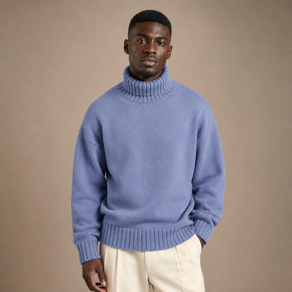 Turtleneck Jumper Soft Knit Relaxed Fit in Blue – Tomosino Premium Menswear