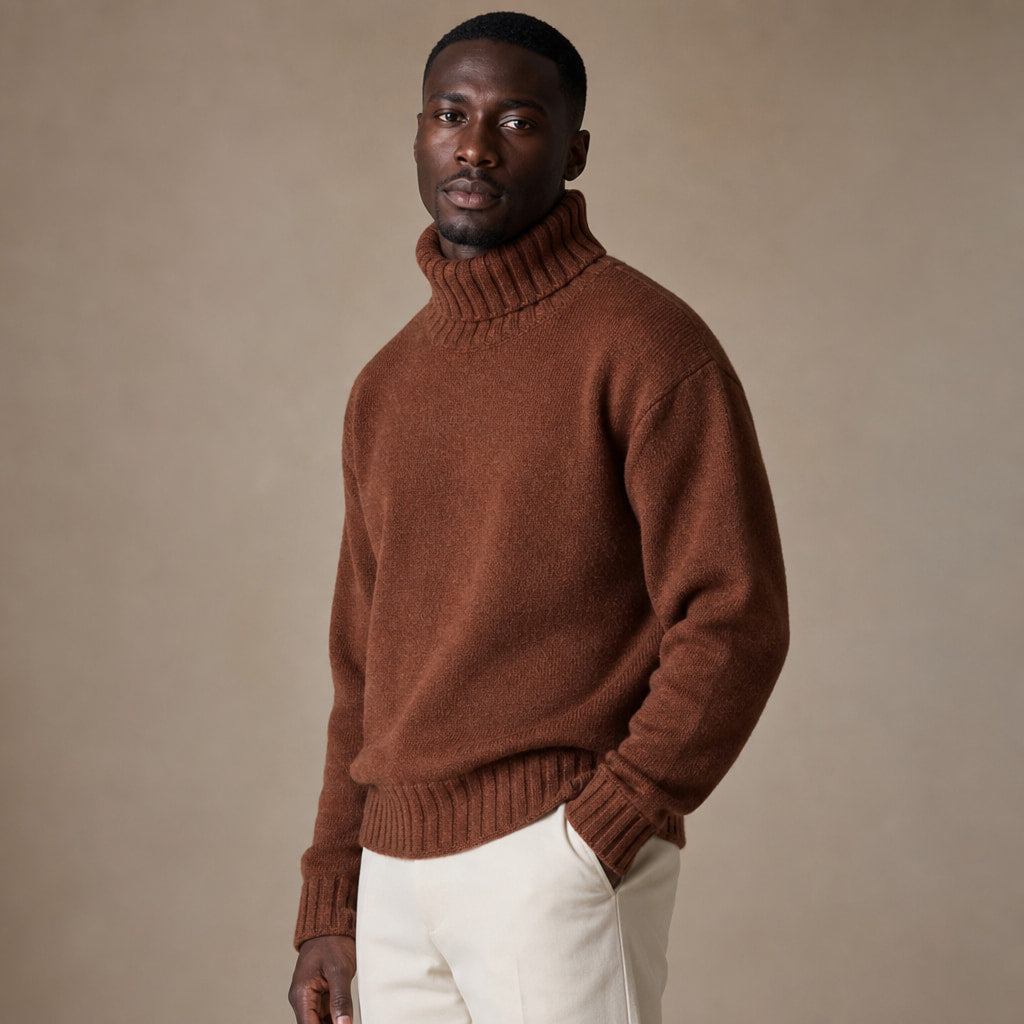 Turtleneck Jumper Soft Knit Relaxed Fit Brown – Side Angle View