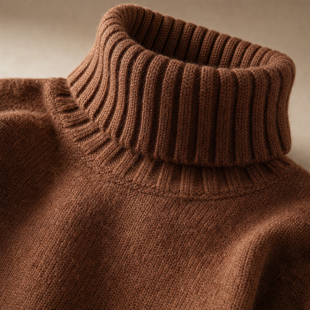 Turtleneck Jumper Soft Knit Relaxed Fit Brown – Fabric and Detail Close-Up