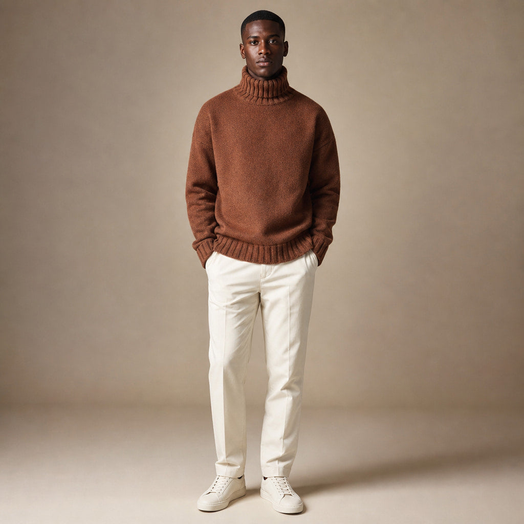 Turtleneck Jumper Soft Knit Relaxed Fit Brown – Full Look