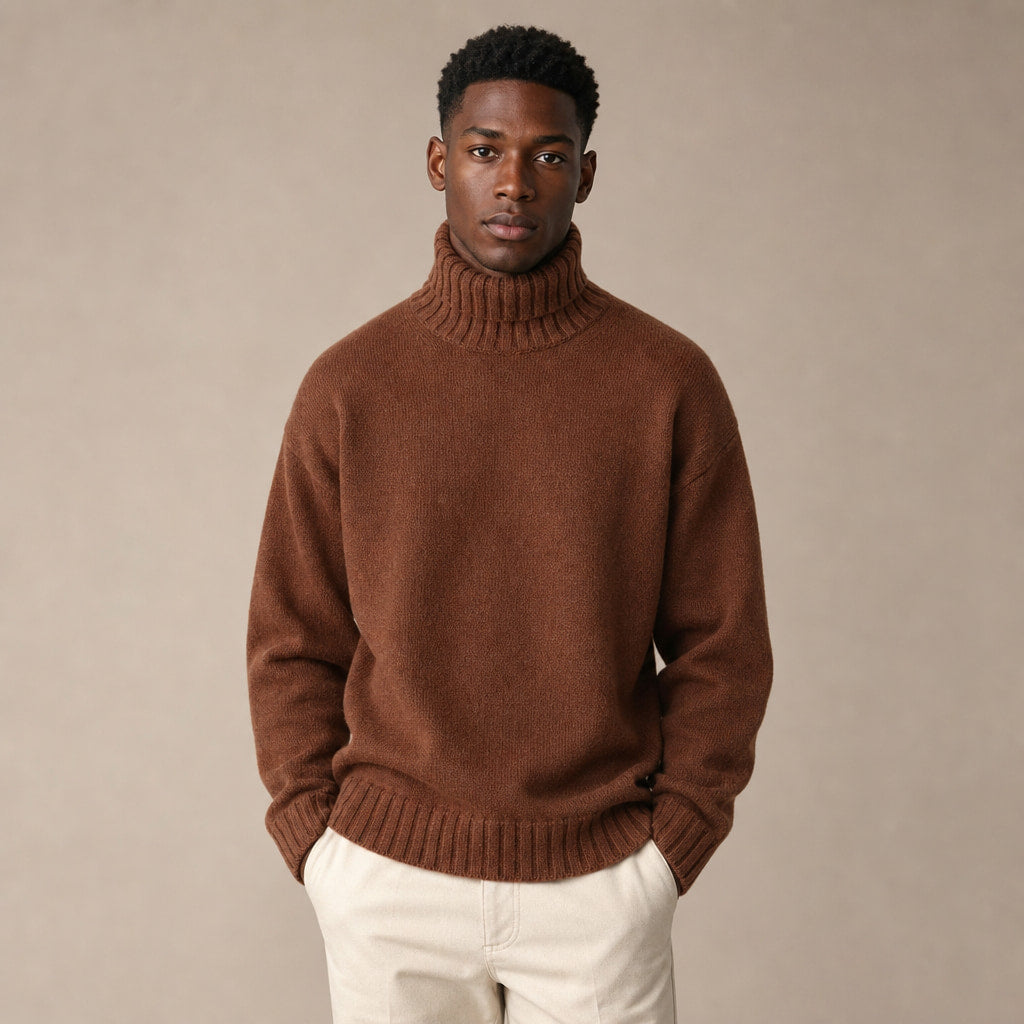 Turtleneck Jumper Soft Knit Relaxed Fit in Brown – Tomosino Premium Menswear