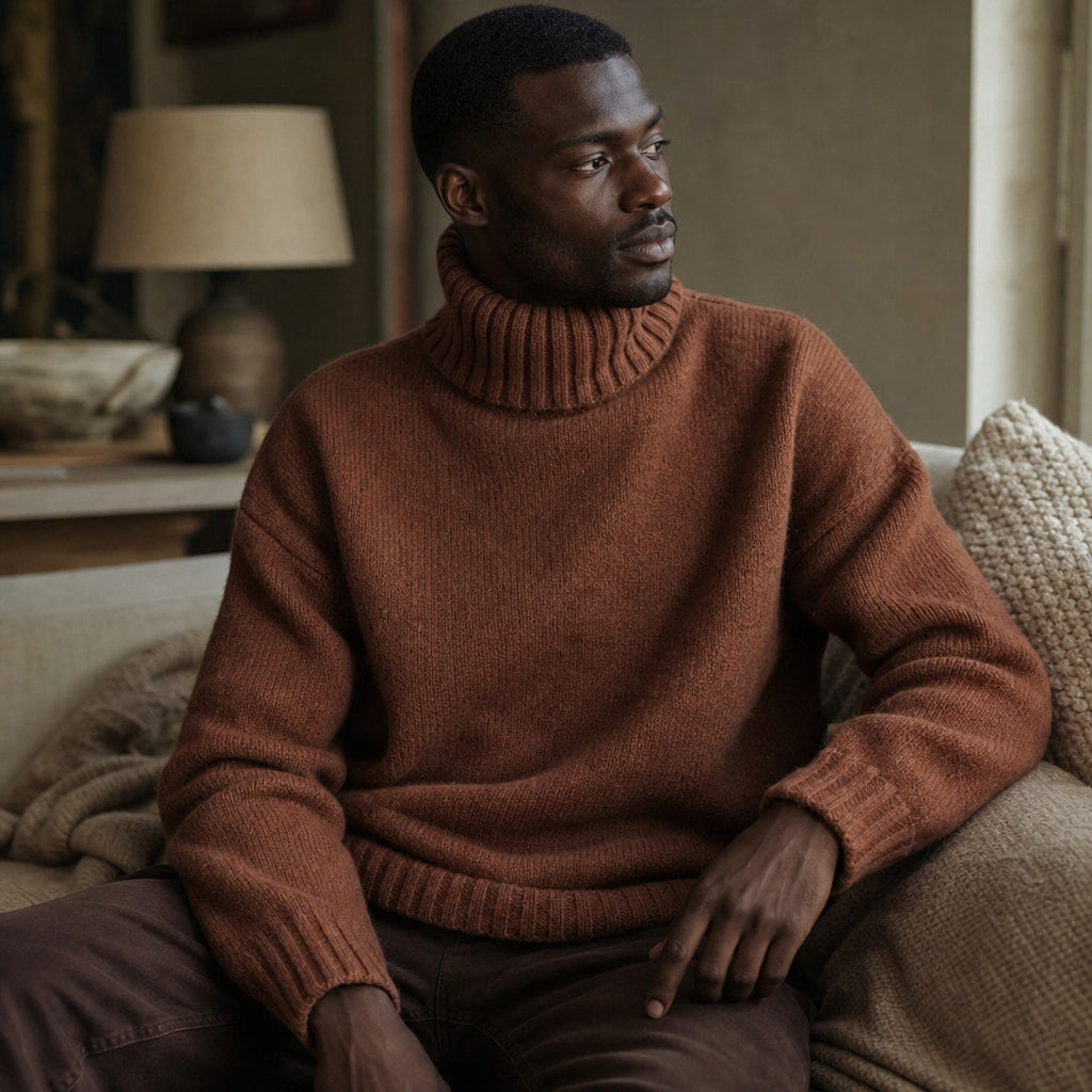 Turtleneck Jumper Soft Knit Relaxed Fit Brown – Styled Editorial Shot
