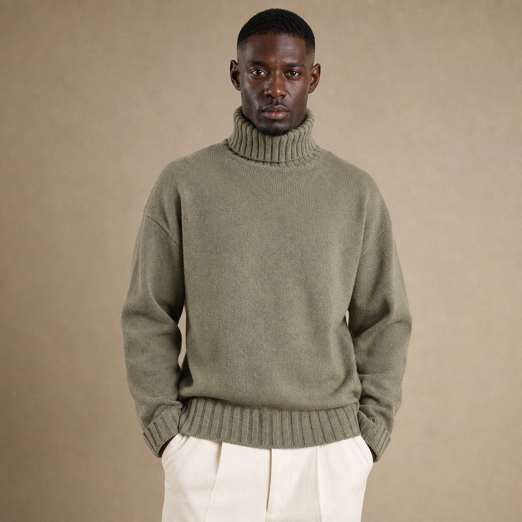 Turtleneck Jumper Soft Knit Relaxed Fit in Green – Tomosino Premium Menswear