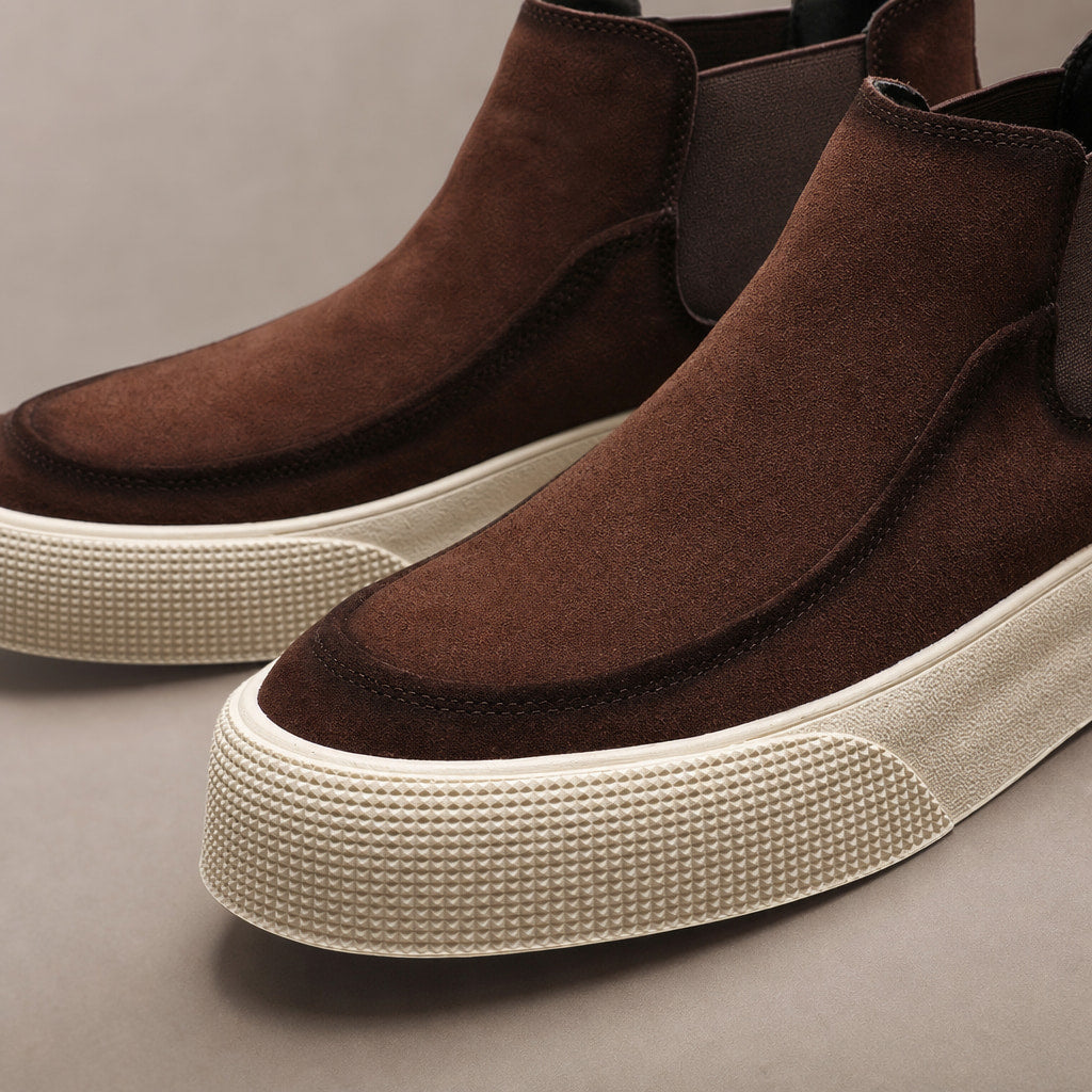 Suede Chelsea Boot Platform Sole Brown – Fabric and Detail Close-Up