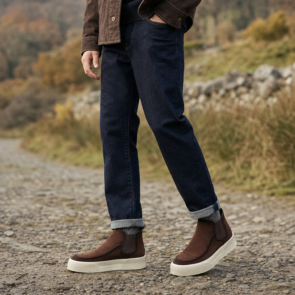 Suede Chelsea Boot Platform Sole Brown – Full Look