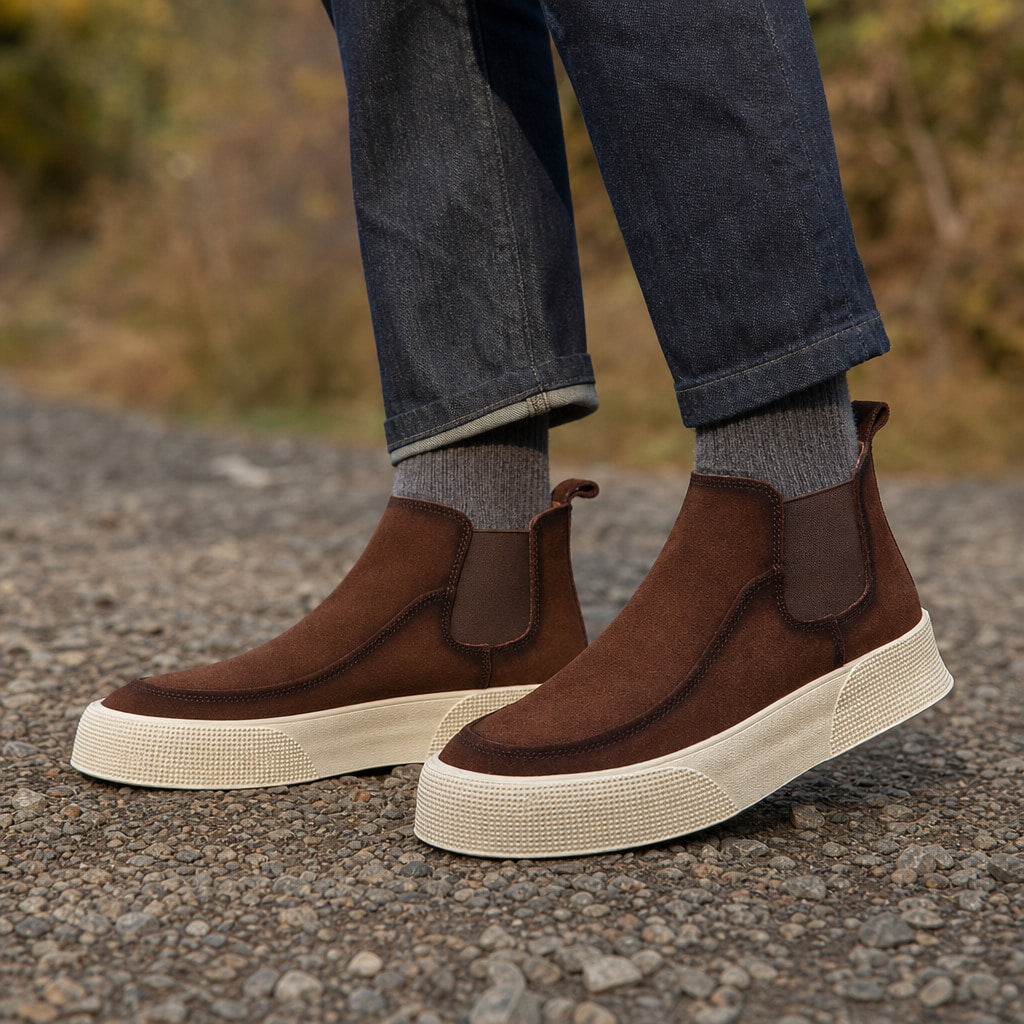 Suede Chelsea Boot Platform Sole Brown – Styled Editorial Shot