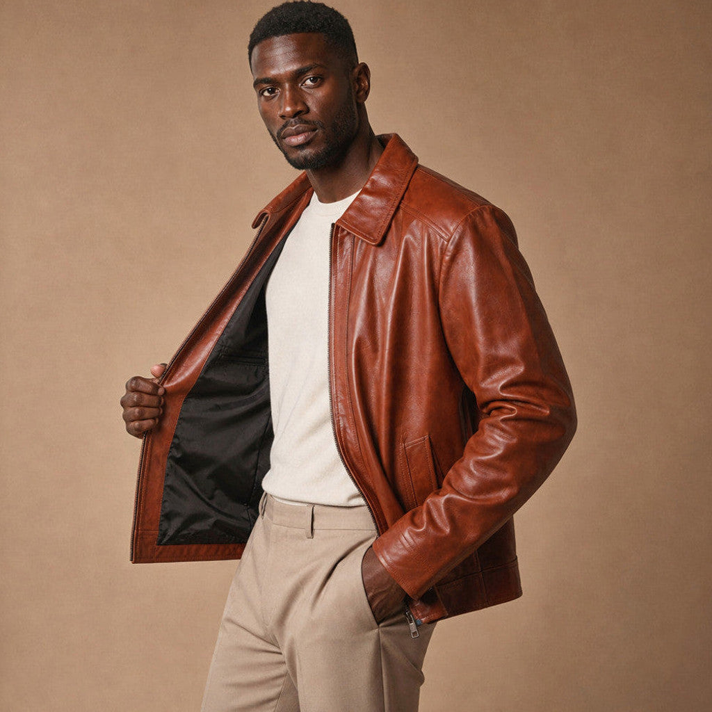 Glover | Leather Biker Jacket Sheepskin Brown – Product Photo