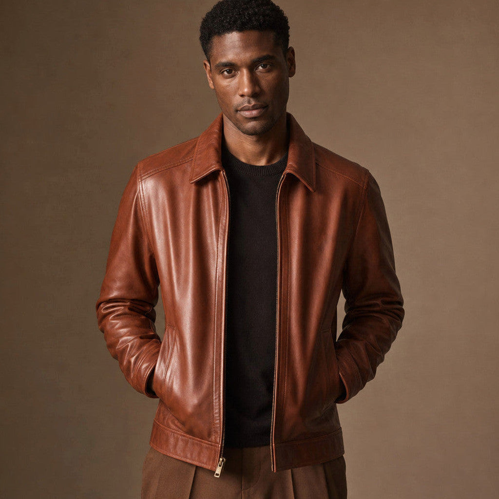 Reddish-brown sheepskin leather biker jacket with shirt collar and front zip