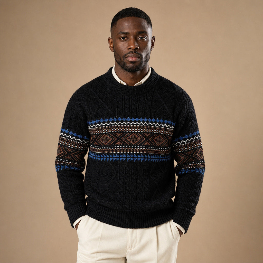 Crewneck Jumper Nordic Pattern Knit Black – Product Photo