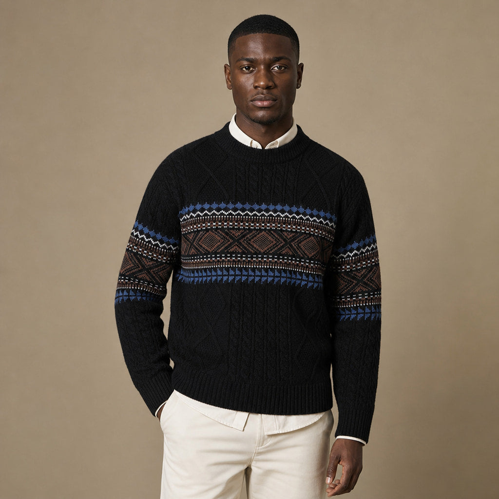 Crewneck Jumper Nordic Pattern Knit in Black – Tomosino Premium Menswear