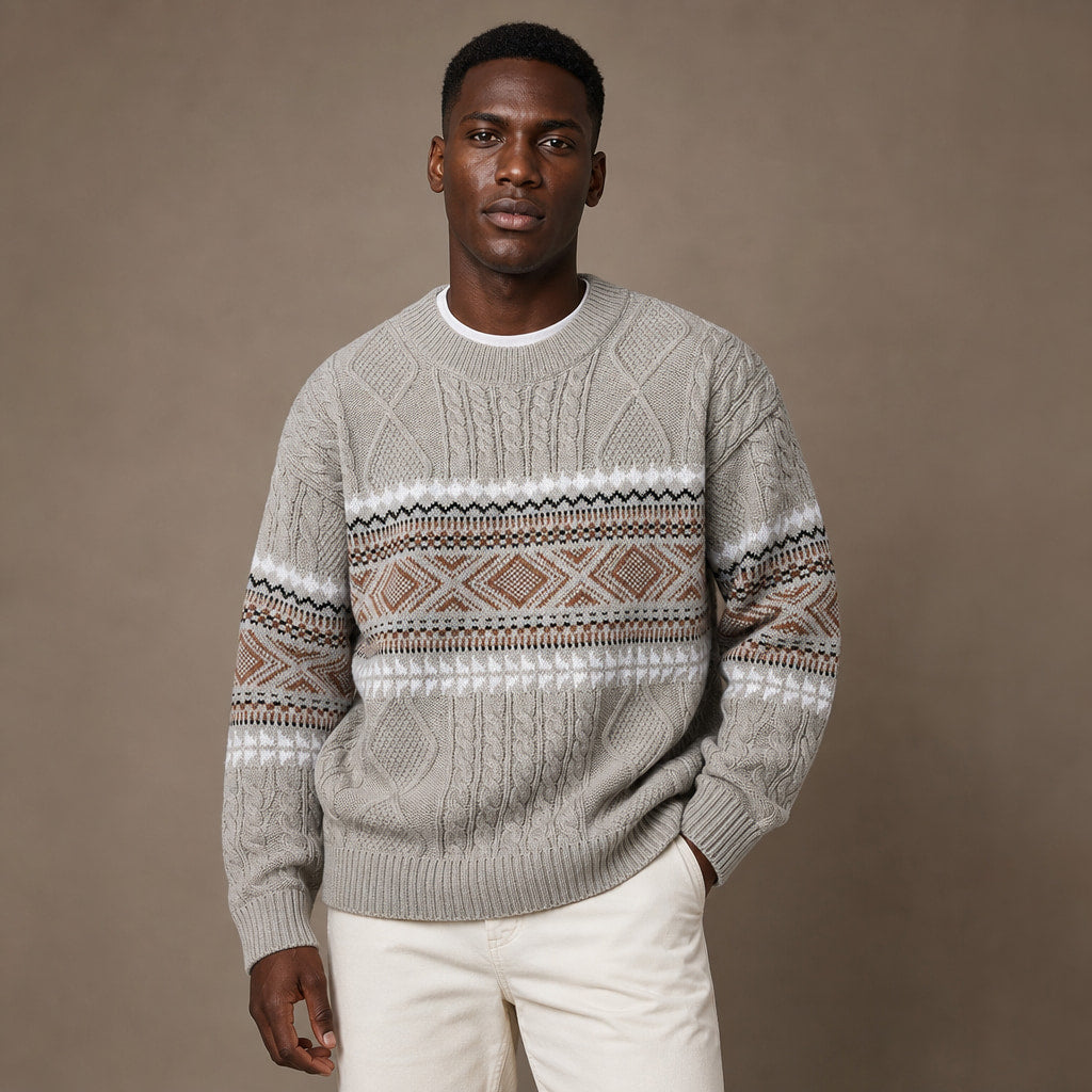 Crewneck Jumper Nordic Pattern Knit Khaki – Product Photo