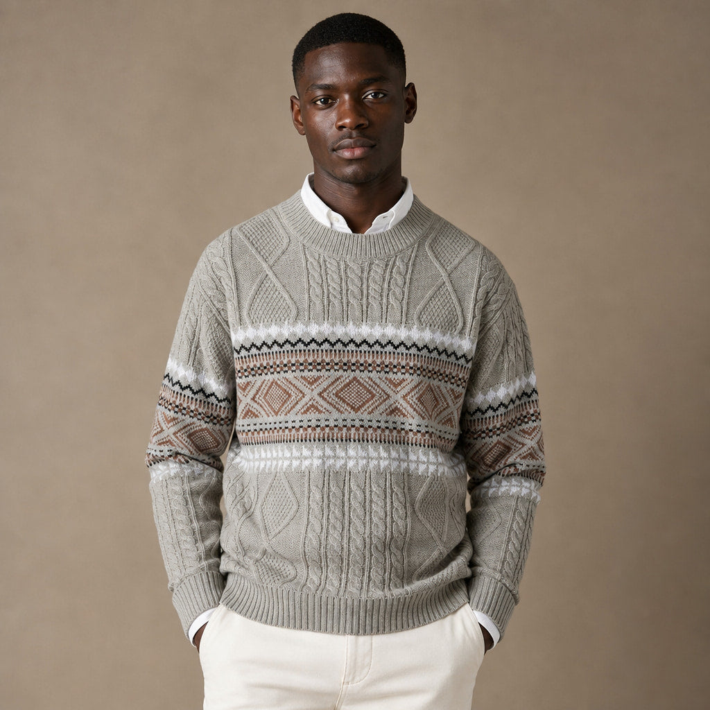 Crewneck Jumper Nordic Pattern Knit in Khaki – Tomosino Premium Menswear