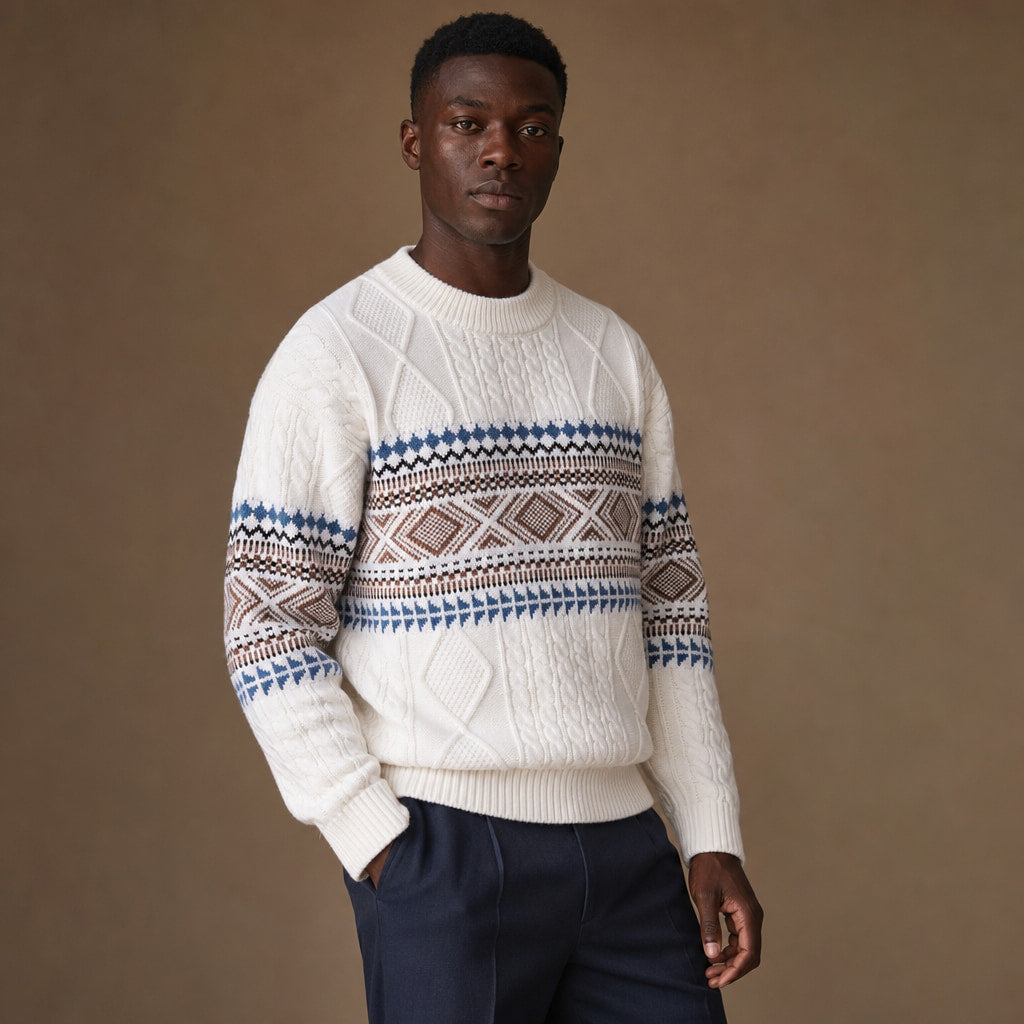 Crewneck Jumper Nordic Pattern Knit White – Side Angle View