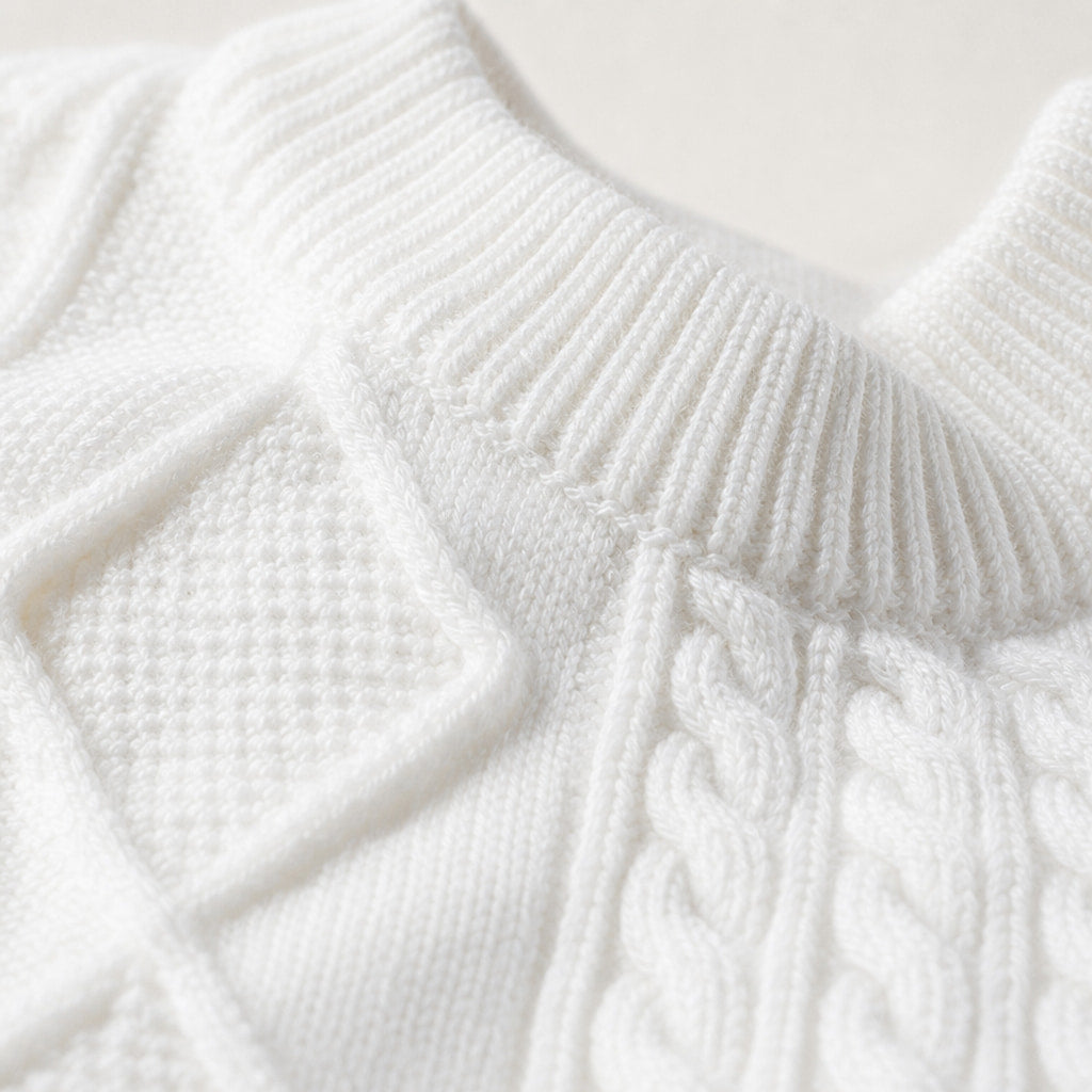 Crewneck Jumper Nordic Pattern Knit White – Fabric and Detail Close-Up