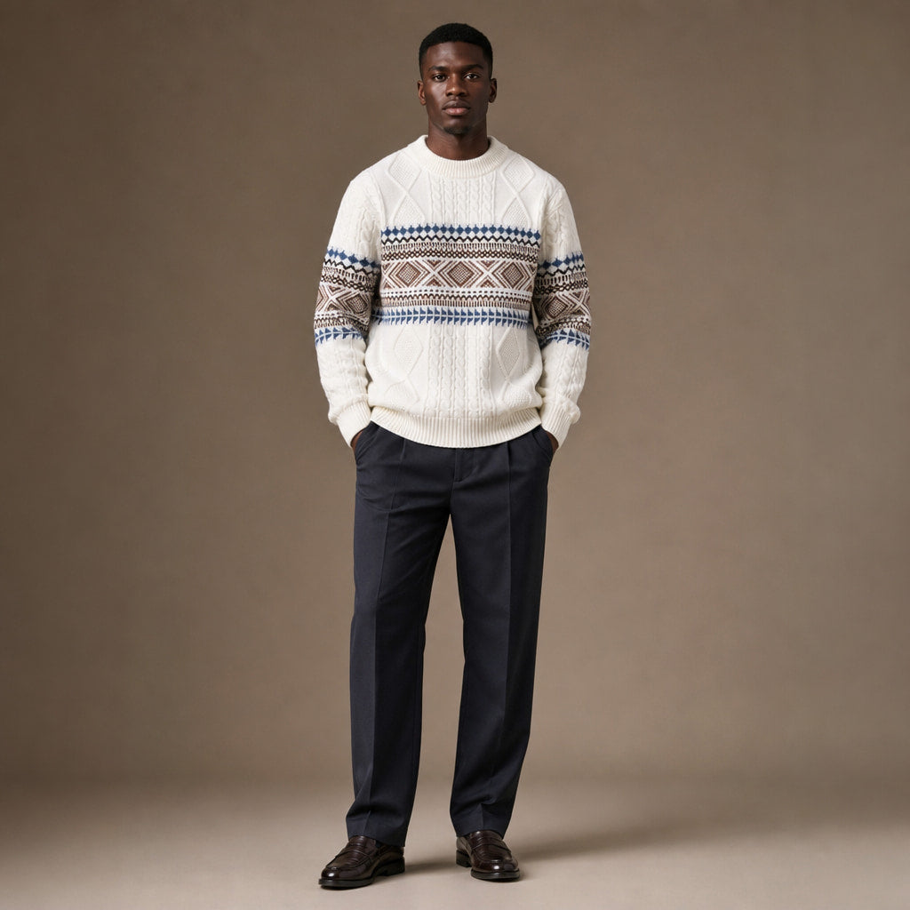 Crewneck Jumper Nordic Pattern Knit White – Full Look