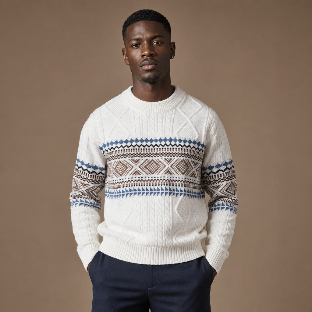 Crewneck Jumper Nordic Pattern Knit in White – Tomosino Premium Menswear