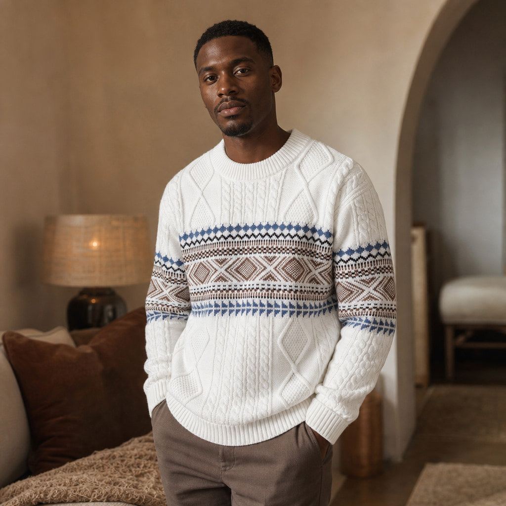 Crewneck Jumper Nordic Pattern Knit White – Styled Editorial Shot
