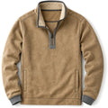 Man wearing khaki sherpa collar quarter zip fleece jumper