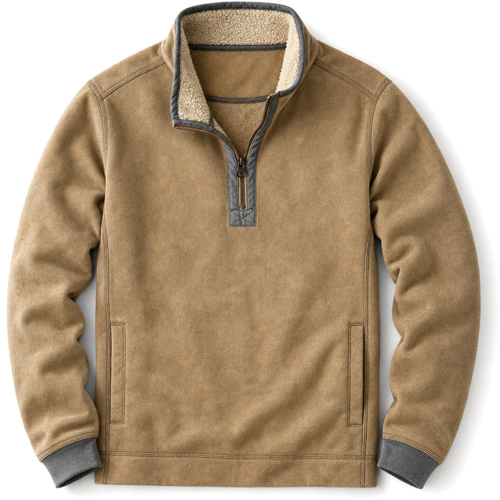 Man wearing khaki sherpa collar quarter zip fleece jumper