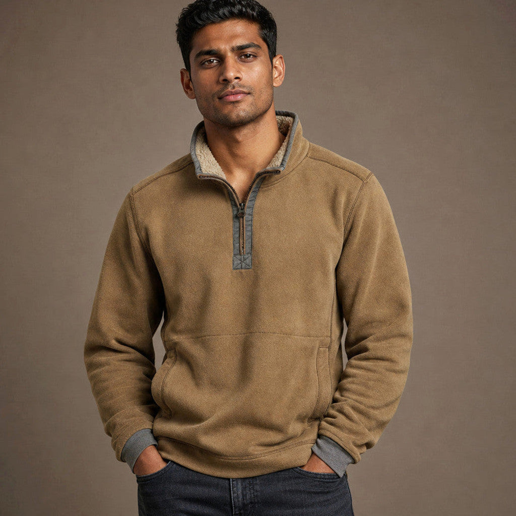 Khaki quarter zip fleece jumper with sherpa-lined collar