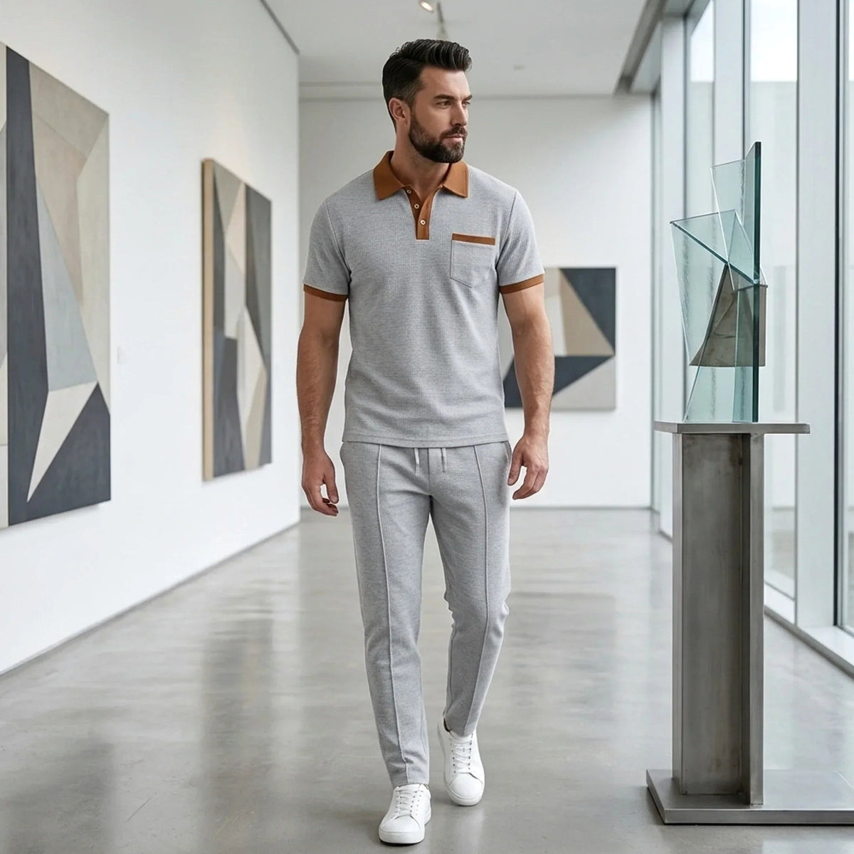 Falcren | Matching Set Waffle Knit Polo Straight-Leg Trousers