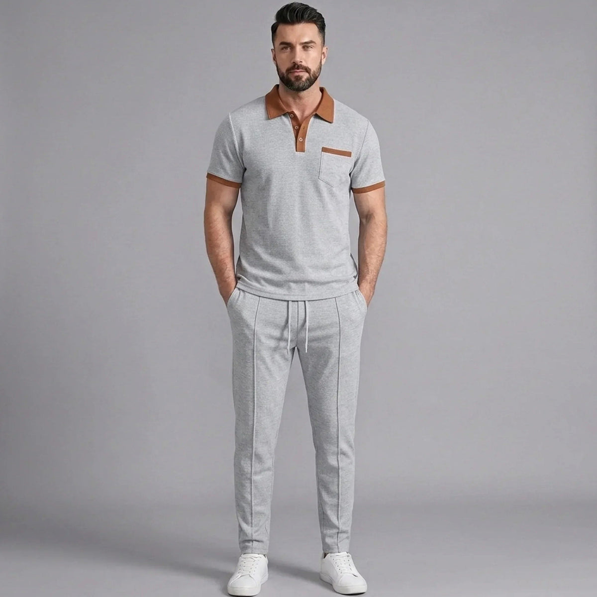 Falcren | Matching Set Waffle Knit Polo Straight-Leg Trousers