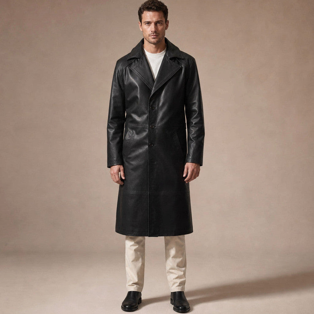 Black sheepskin leather duster coat shown full length from the front