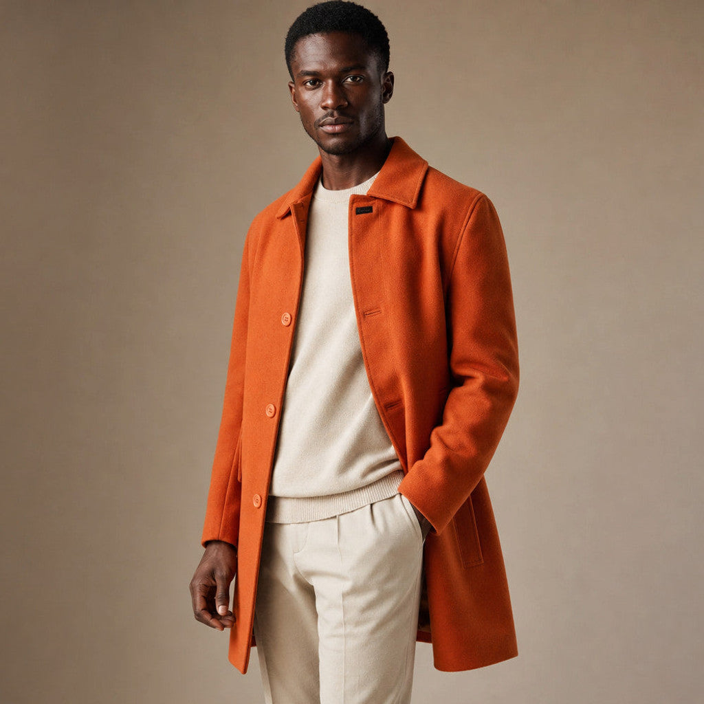 Halbeck | Wool Car Coat Single Breasted Burnt Orange Orange – Side Angle View