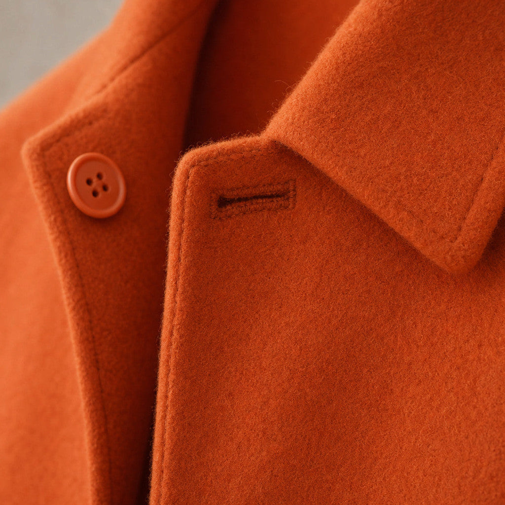 Halbeck | Wool Car Coat Single Breasted Burnt Orange Orange – Fabric and Detail Close-Up